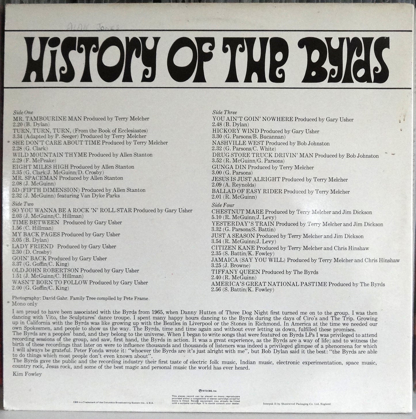 The Byrds - History Of The Birds, UK 1973, VG+/VG+